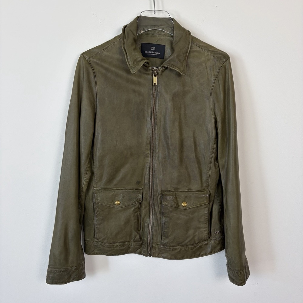 Scotch & Soda Sheep Leather Jacket Olive Green Small Zip Up Collared Pockets